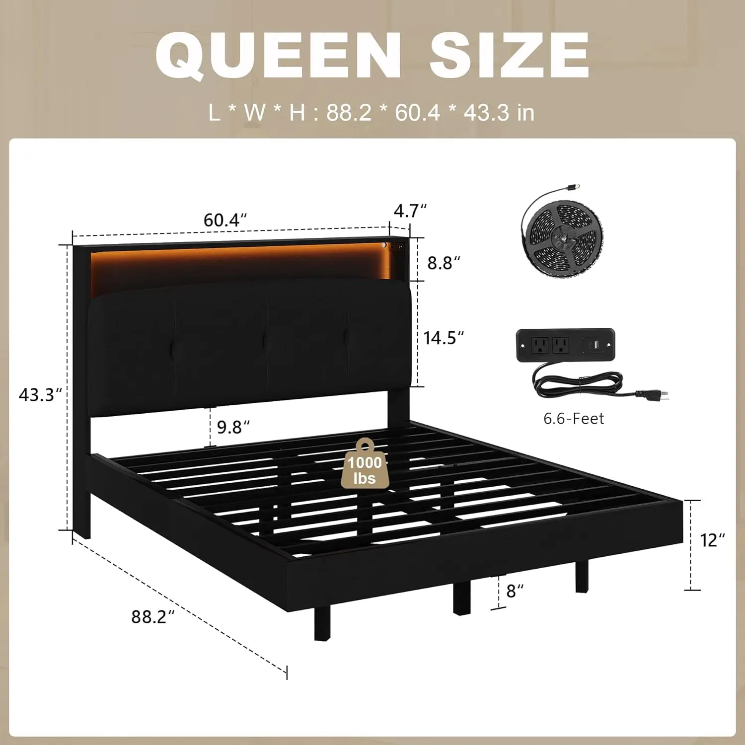 Floating Beds Frame Queen with Charging Station & Led Light, Wooden Queen Platform Bed Frames W/Upholstered Storage, Customized view 2
