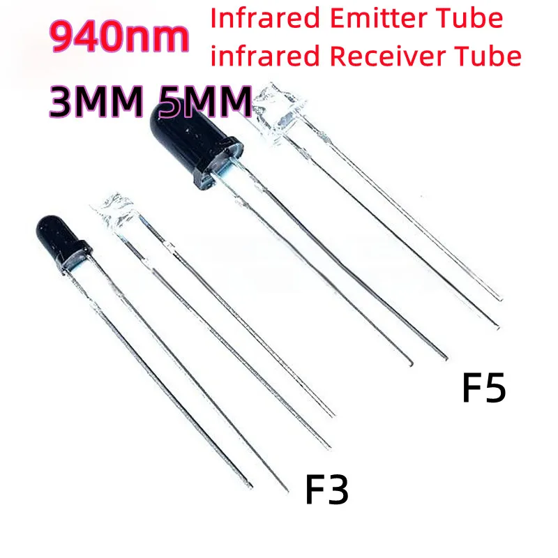 20pcs 3MM 5mm IR Emitter IR Receiver Infrared Pair Tube Diode LED wavelength 940nm F3 3mm F5 5mm  Infrared Photodiode Phototrans