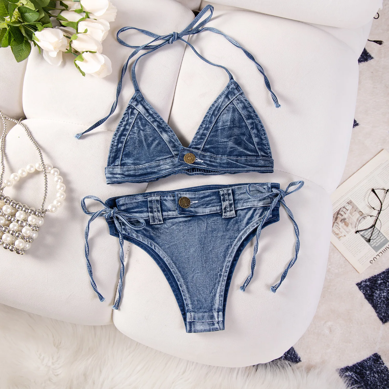 New Sexy Women's Denim Bikini Set Beach Split Swimsuit with Jeans Shorts and Bra for Beach Play and Bar Nightclub Performance