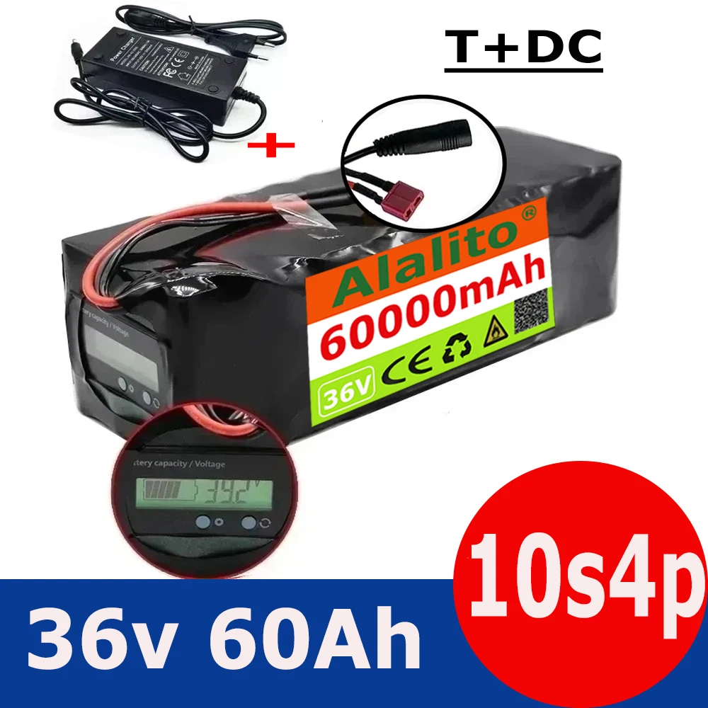 36V Battery 10S4P 60Ah Battery Pack 500W High Power Battery 42V 60000mAh Ebike Electric Bicycle xt60 BMS with Capacity Indicator