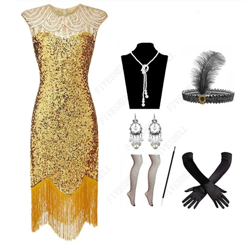 Halloween Cosplay 1920s Vintage Flapper Gatsby Dress Sleeveless Party Costumes V-Neck Sequin Fringed Tassel Evening Midi Vestido