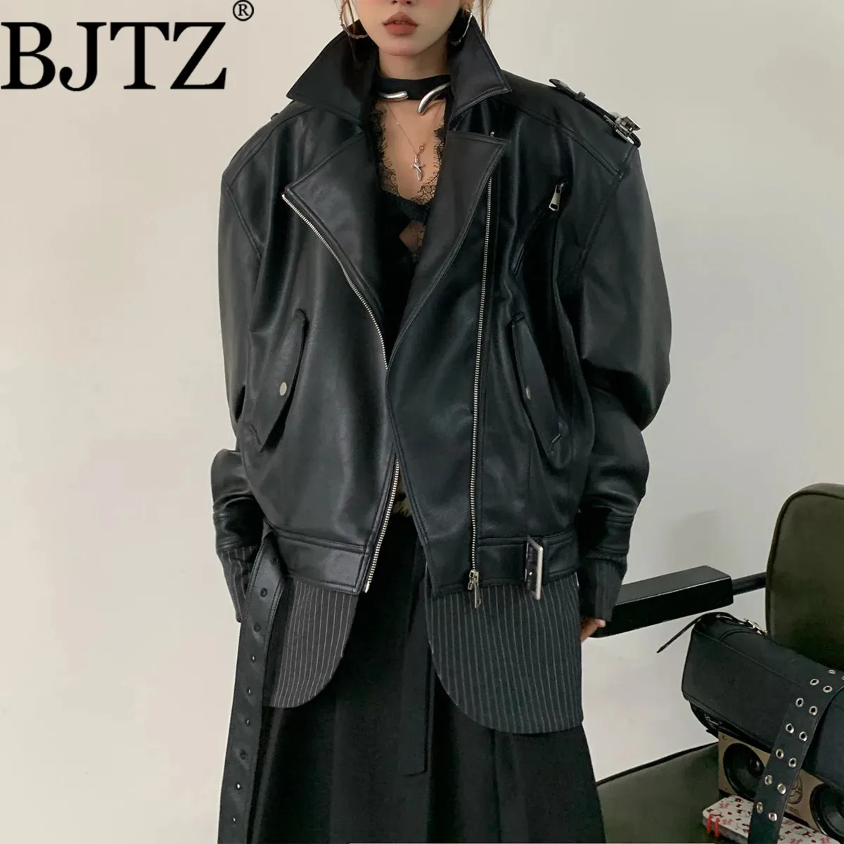 

BJTZ Y2K Heavy Work Patchwork Biker Jacket Women Oversized Motorcycle Coat Cute Hot Girl Style Designer Unique Autumn Winter