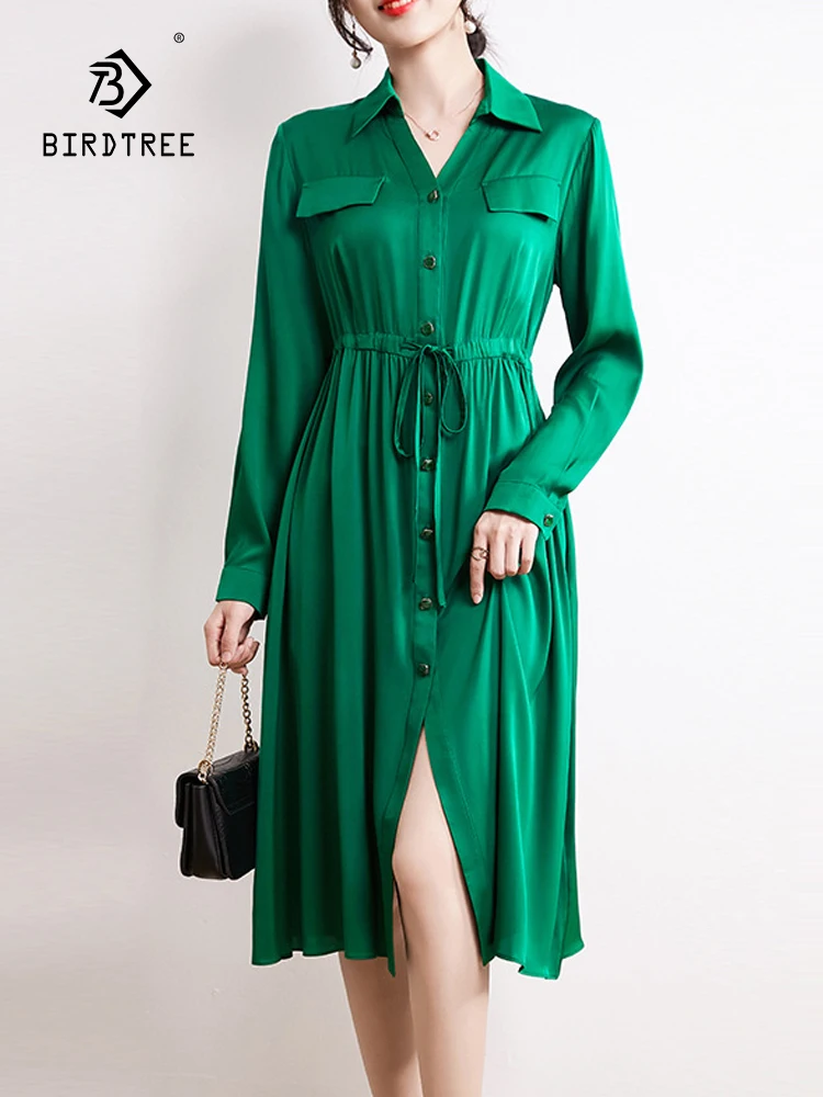 

Birdtree 19MM 91.2%Silk 8.8%Spandex Women 2023 Dress Autumn Commuter Luxury Long Sleeve Solid A-line Dress Olive Green D38608QC