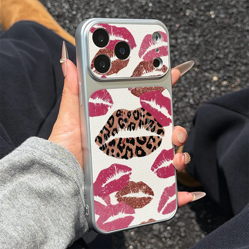 Leopard LIP Phone Case for iPhone 17 AIR 16 15 14 13 Pro 12 11 Pro Max Big Window Artificial Leather Cases White Cover-J301P2