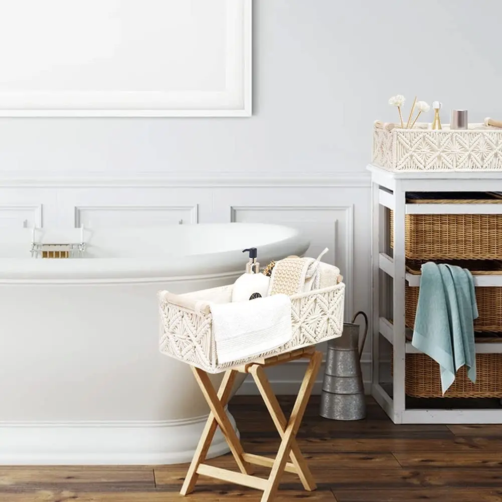 Macrame Storage Basket Boho Decor Baskets for Organizing Countertop Toilet Paper Shelf Basket with Handle for Bathroom Bedroom