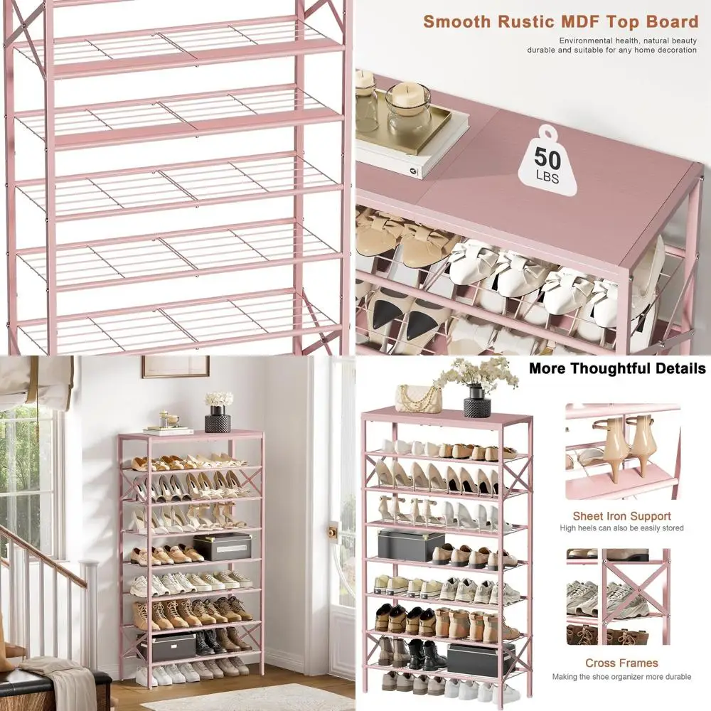 

Pink 8-Tier Metal Shoe Rack with Wooden Top, Holds 24-32 Pairs, Ideal for Entryway & Closet Storage