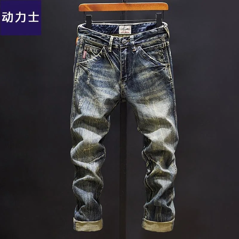 2024 Autumn/Winter New Fashion Solid Color Vintage Ripped Stretch Jeans Men's Casual Loose Comfortable High Quality Pants 28-36