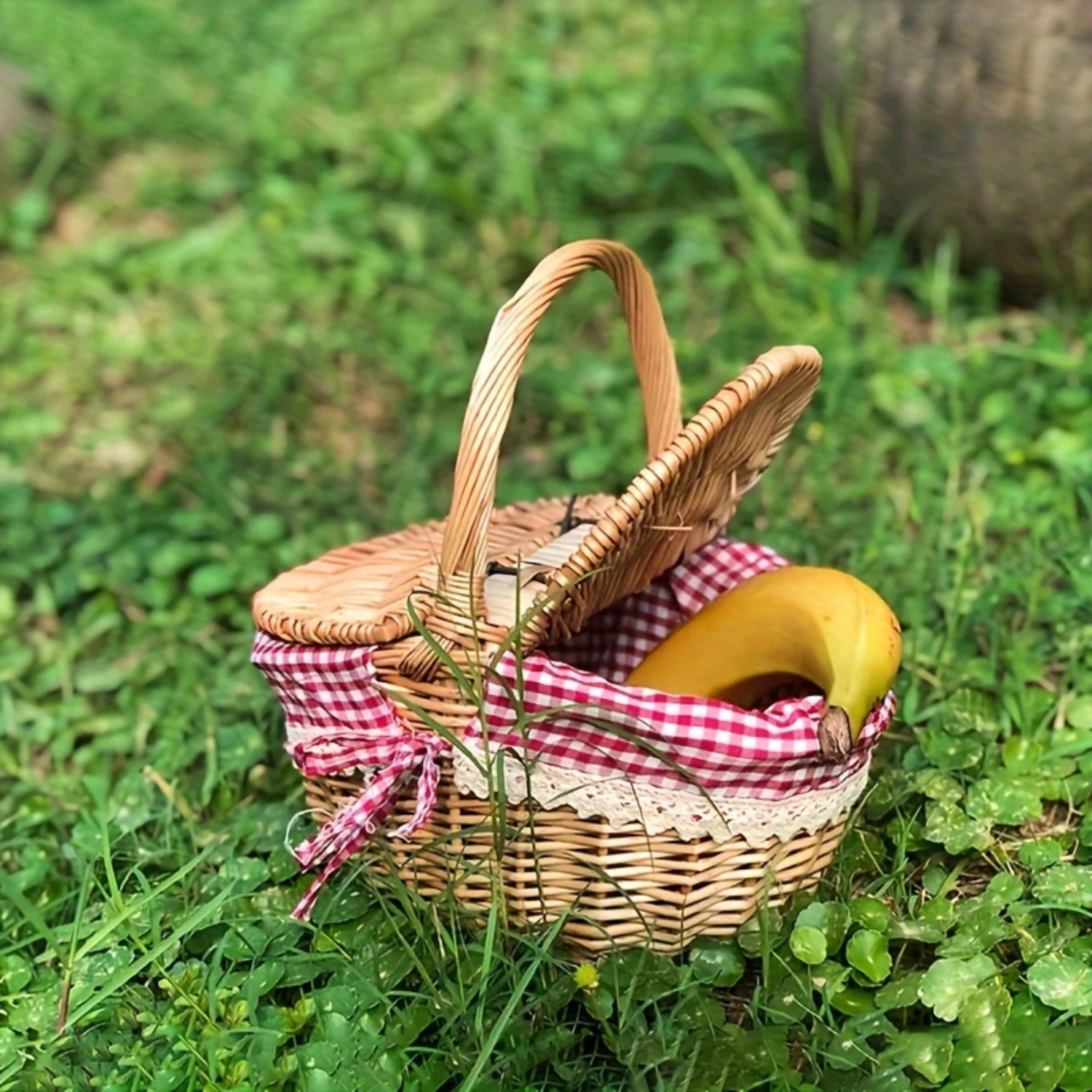 1pc Handwoven Rustic Oval Wicker Picnic Basket with Gingham Ribbon - Large Capacity Organizer for Shopping, Fruit, Snacks