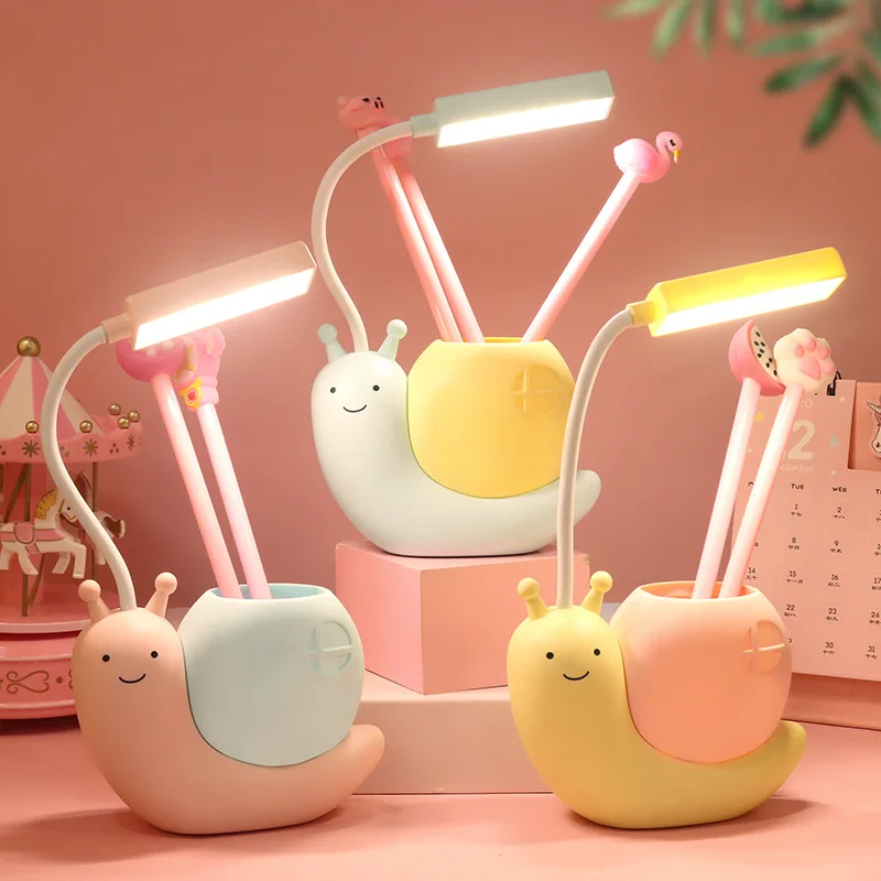 Multi-Functional LED Desk Lamp Student Learning with Pen Holder Night Light Snail Shape USB Rechargeable Bendable Cute Kids Lamp