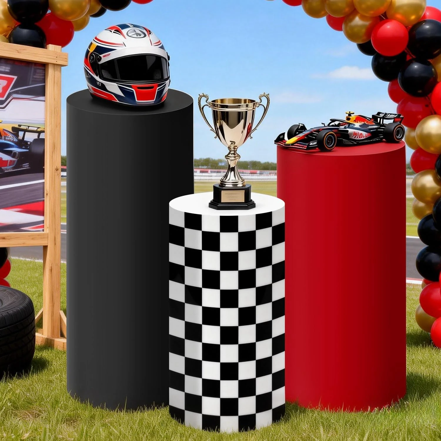 Yeele Race Car Theme Cylinder Stand Cover Backdrop Black Red Checkered Boys Birthday Party Decor Elastic Dessert Table Covers