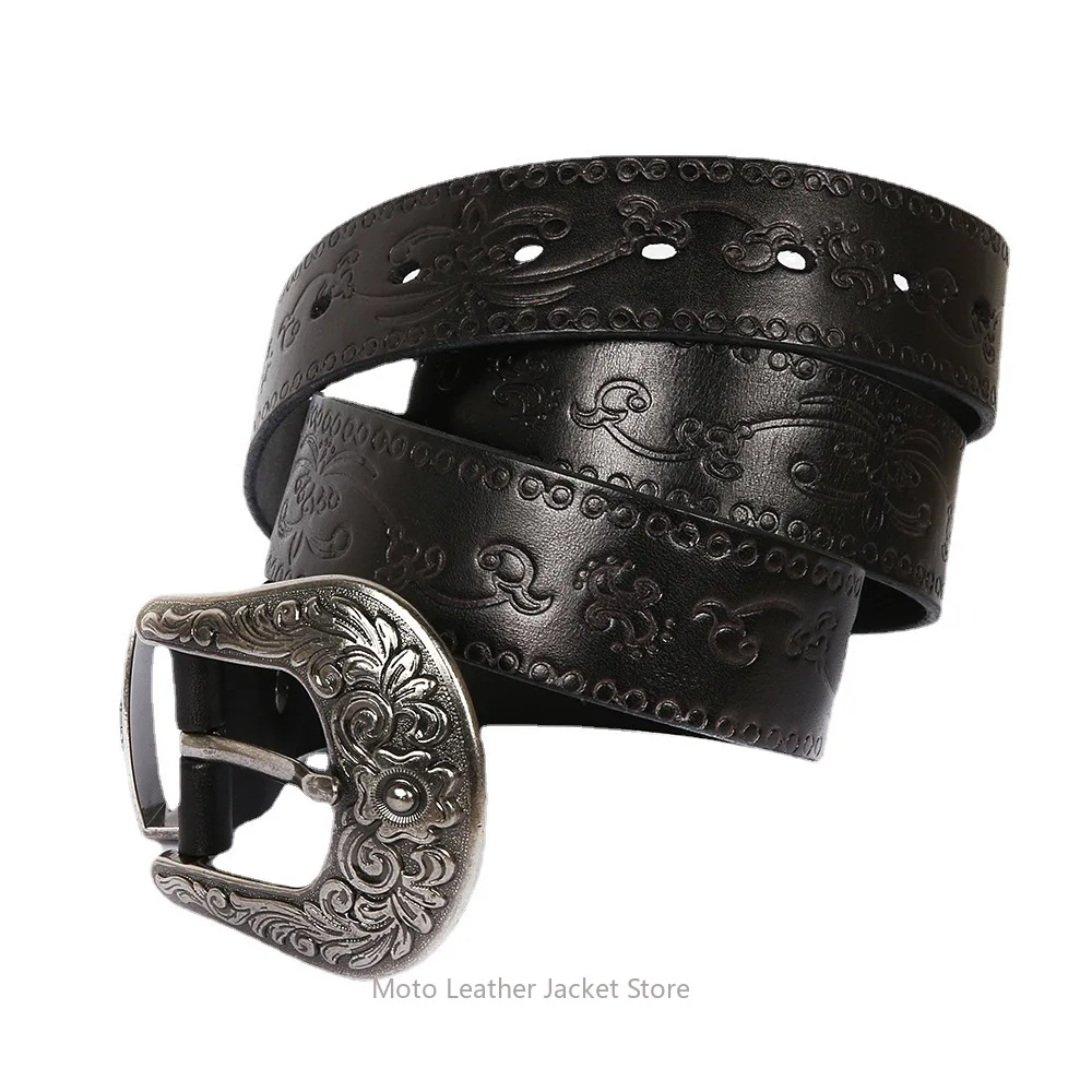 Vintage Carved Embossed Belt Mongolian National Style Vegetable Tanned Cowhide Leather Unisex Fashion Waistband for Men