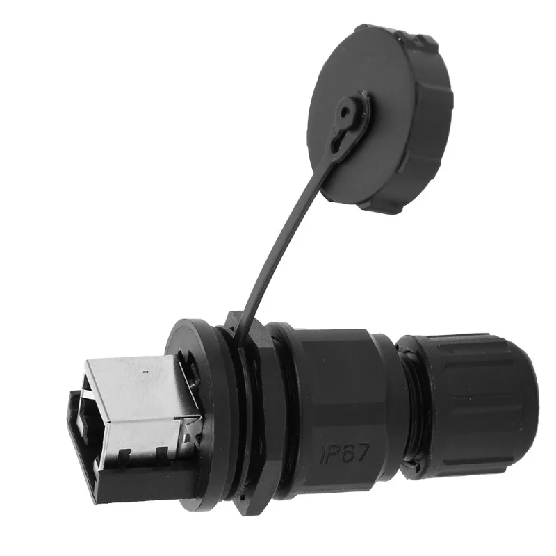 RJ45 Ethernet Connector 180° Water Dust Proof RJ45 Adapter Black Outdoor 8 Pin Post Installation Coupler IP67