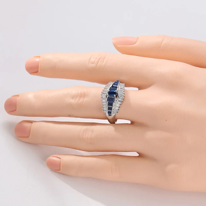 Exquisiter, mit weißen und blauen CZ-Steinen besetzter Damenring, elegante silberne Farbe, geometrisch, für den täglichen Gebrauch, Partyschmuck, Jubiläumsgeschenk – Detail 1
