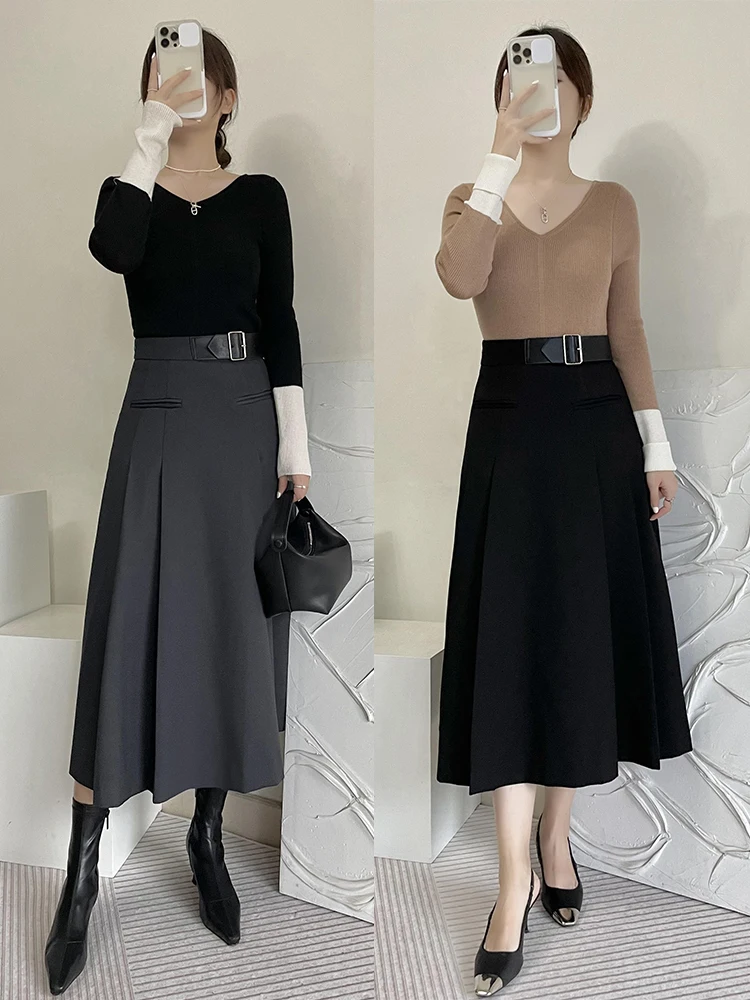 

Юбка А-силуэта с высокой талией, с поясом, из шерстяной ткани, плиссированная, простой дизайн, новинка весны, для женщин