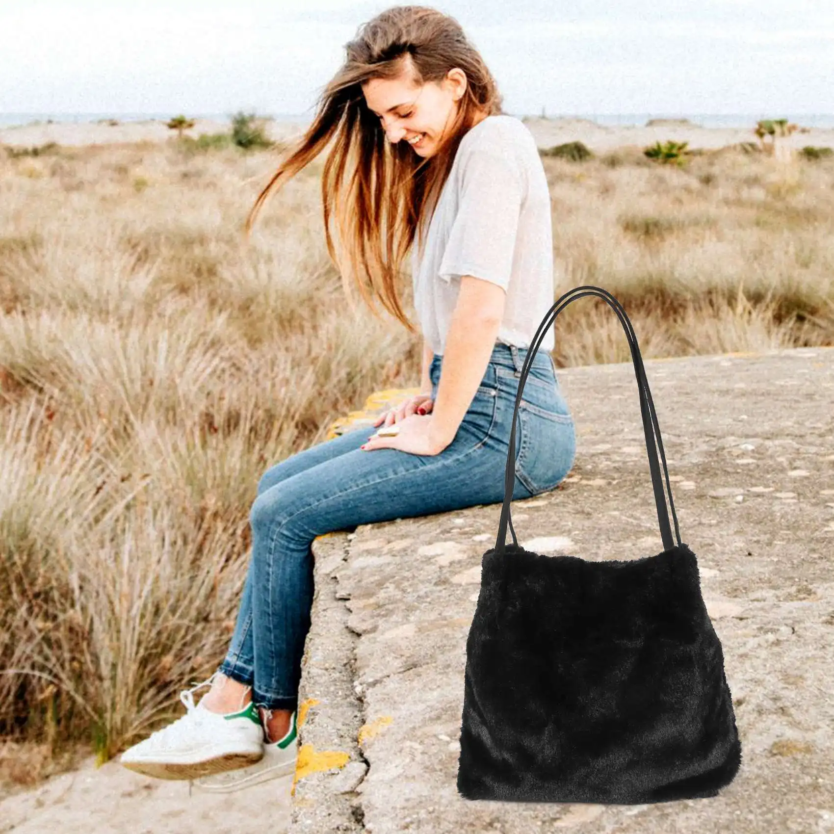 N89R 여성 구매자 가방 여성용 플러시 토트 숄더 백 푹신한 여성 핸드백 모피 숙녀 핸드 구매자 가방, 블랙