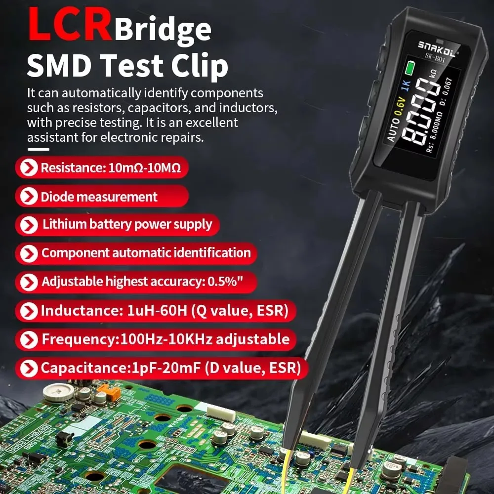 Digital Inteligente Pinça Lcr Smd Esr Tester Resistência Capacitor Indutância Continuidade Diodo Componentes Eletrônicos Ferramentas de Teste Sk-bd1