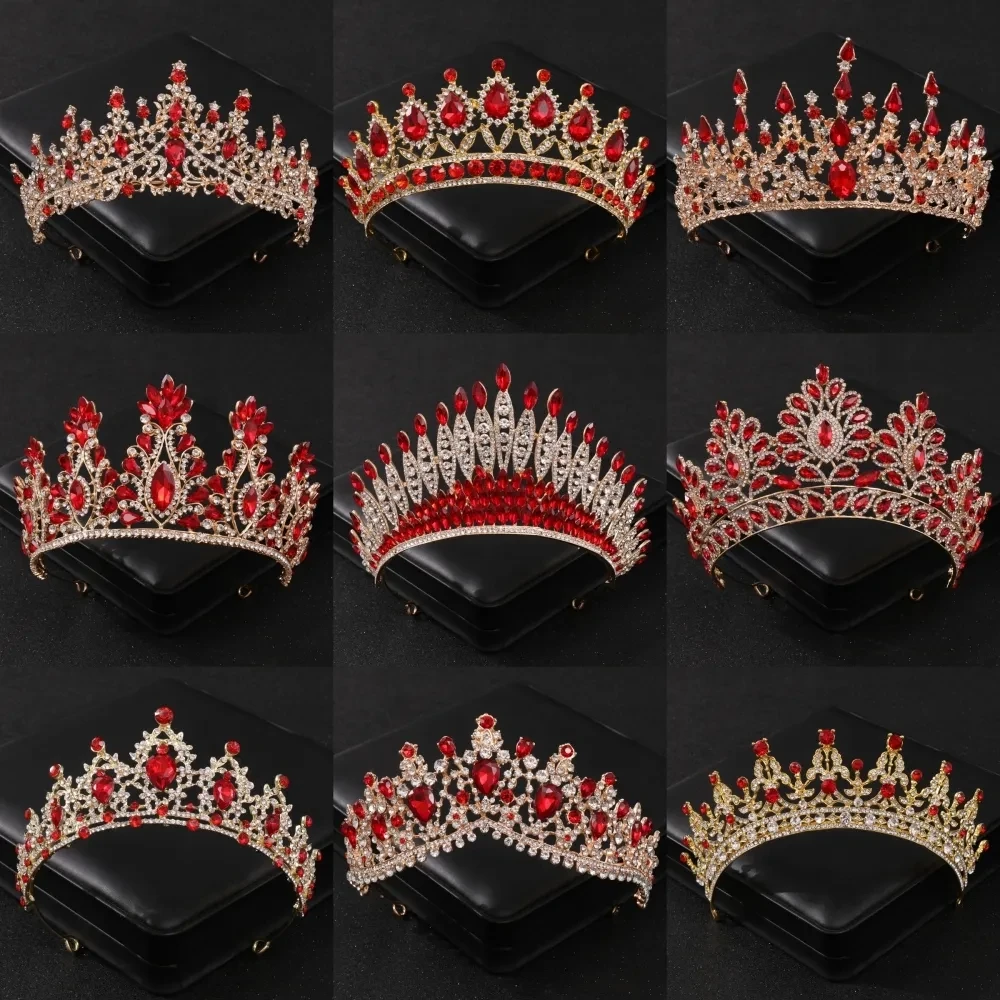 Baroque Red Crystal Tiaras And Crowns Prom Rhinestone Bridal Diadem Crown Taira For Women Wedding Hair Accessories Jewelry Crown