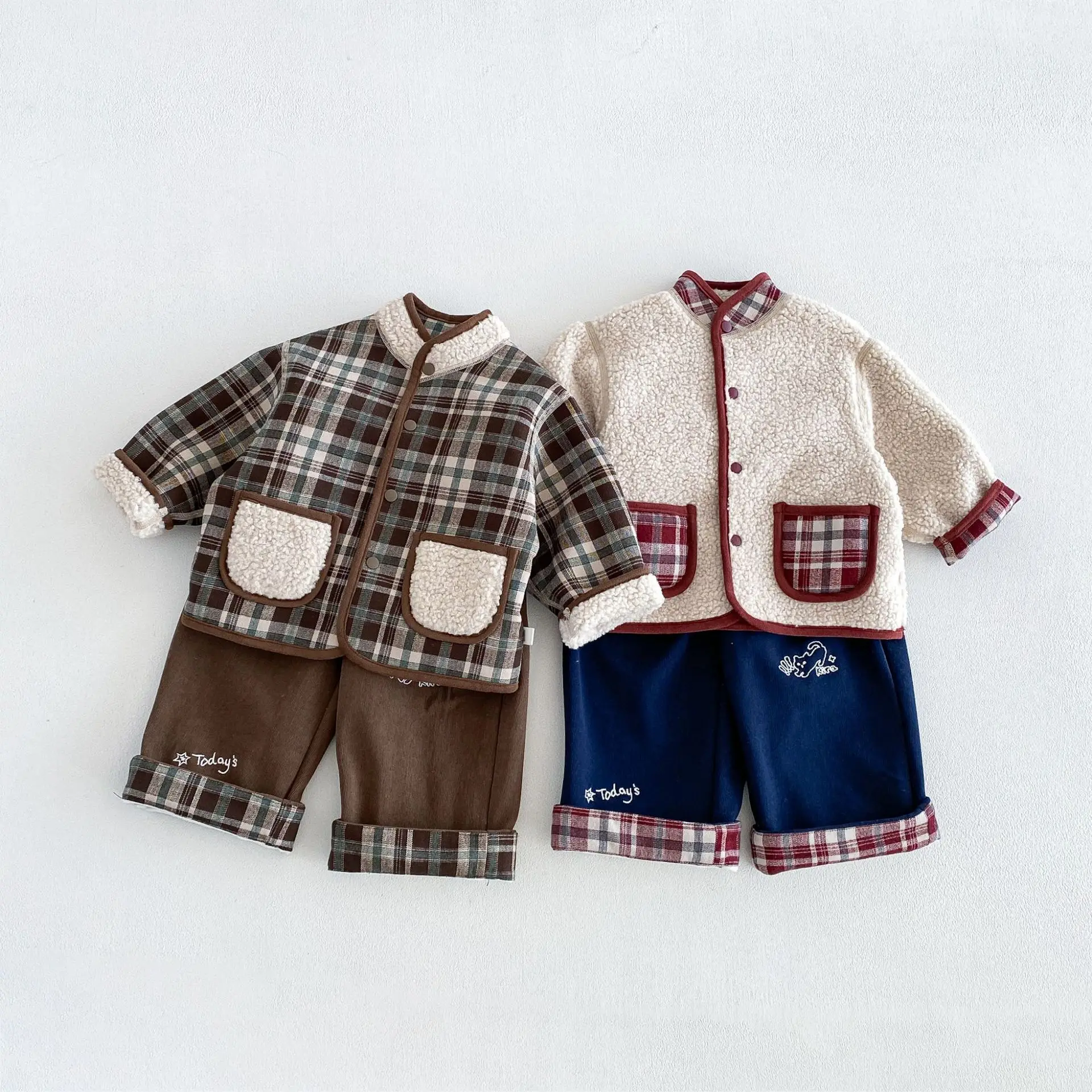 Boys' Double Sided Thick Coat 2026 Winter Baby Particle Fleece Sweater Children's Checkered Top