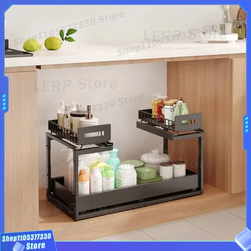 Modern Double Layer Metal Sink Storage Rack Eco Friendly Retractable Sliding Drawer Basket Adjustable Kitchen Cabinet
