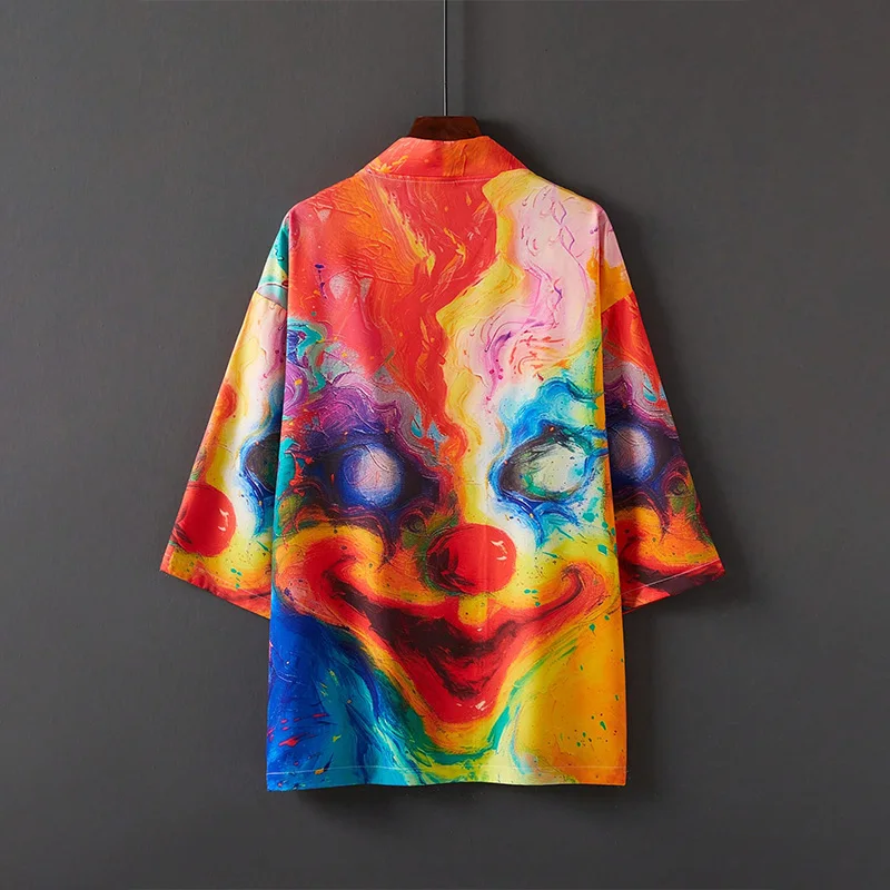 

Japanese-Style Fashion Quirky Clown Tie-Dye 3D Printed Kimono Haori Summer Beach Vacation Plus-Size Thin Three-Quarter Sleeve Swimsuit Cover-Up One-Piece Robe