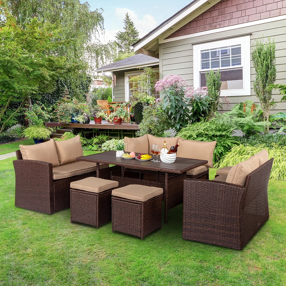 Garden Furniture Set Rattan 8 Piece Set With 3 PieceCornerSofa and3PieceSingleSofa1PieceCoffeeTable For Garden Balcony Backyard