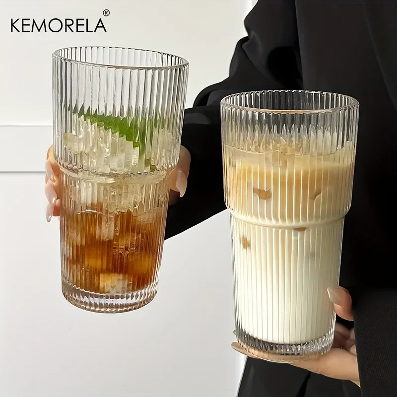 Taza de café de vidrio a rayas de 600ML, con tapa y sin tapa, vasos de paja transparentes para jugo, tazas de café helado, vasos
