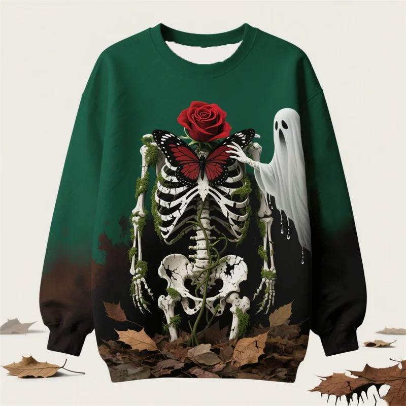 2025 New Ghost Skeleton Graphic Ugly Sweater Fashion Trendy 3D Printed Halloween Sweatshirt Loose Breathable Holiday Wear Tops