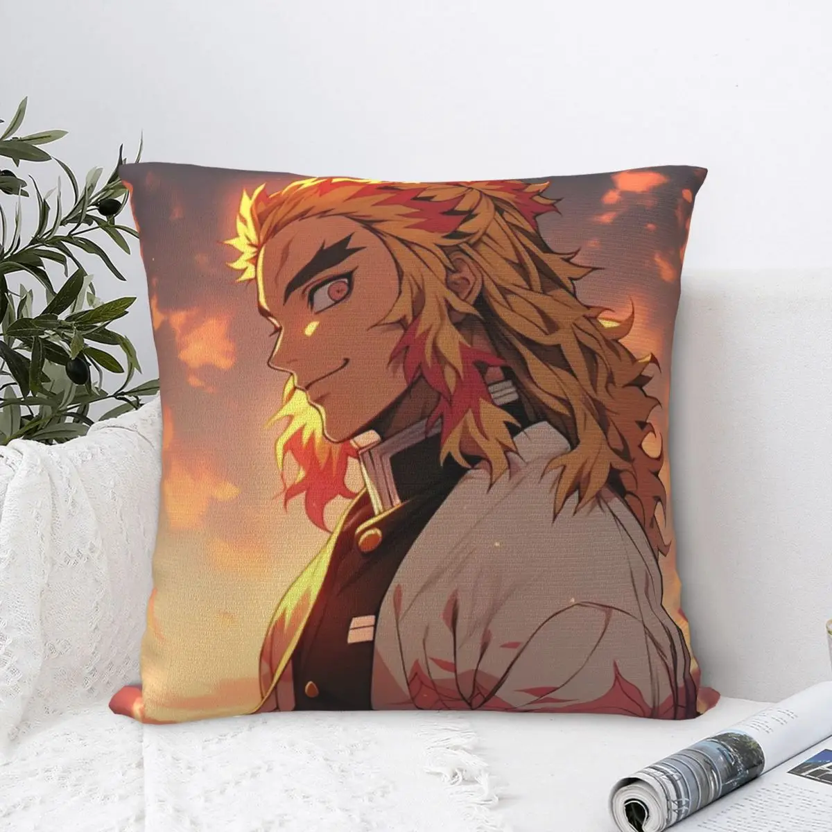 Flame Hashira Kyojuro Rengoku Square Pillow Case Polyester Cushions for Sofa Anime Demon Slayer Customized Pillowcover Home