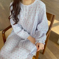 Spring and Autumn Ladies Long Dress 100% Cotton Crepe Ladies Nightdress Thin Long Sleeve Skirt Casual Home Skirt Women Sleepwear