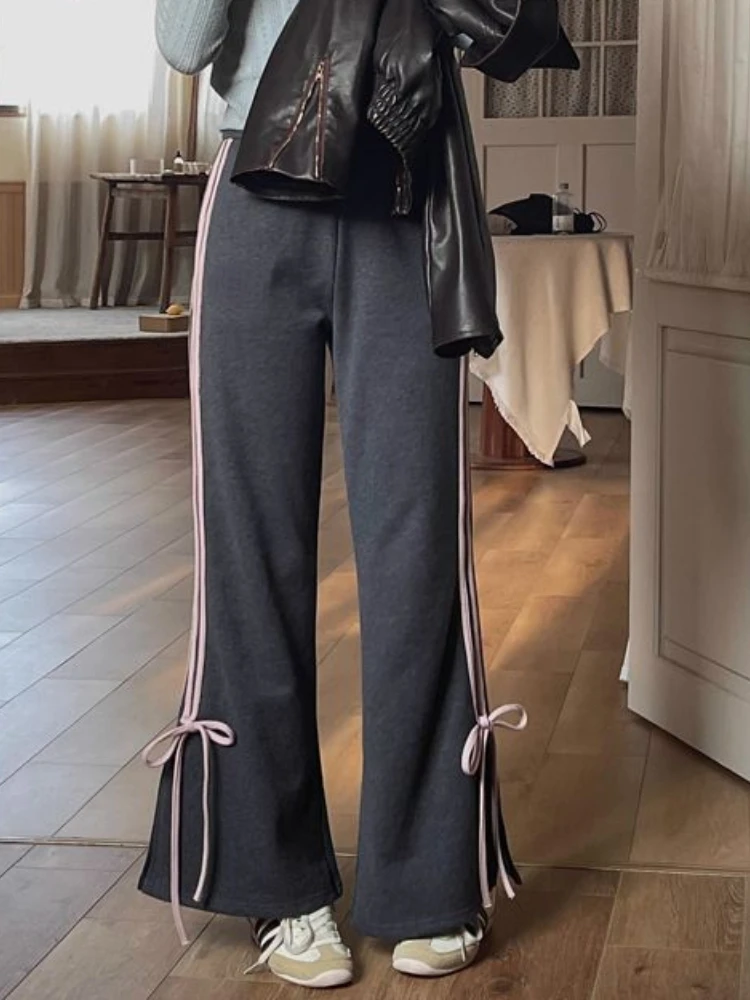 Pantalon taille haute à lacets rayés pour femmes, style preppy, design esthétique, décontracté, tout match, nouveaux vêtements, Y2K, 2024