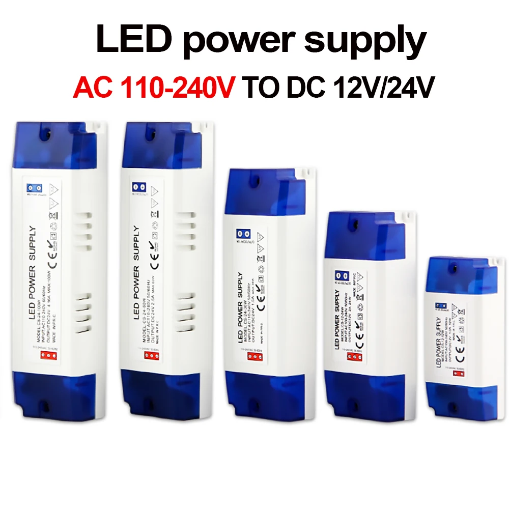 LED Power Supply AC‑DC Switching Transformer 12V 24V 12W 24W 36W 60W 80W 100W LED Driver for LED Strip Lights Home Lighting