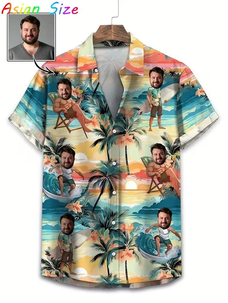 

2025 забавная гавайская тропическая пляжная рубашка с индивидуальным лицом, рубашки с пуговицами «сделай сам», мужские и женские блузки с короткими рукавами Camisa