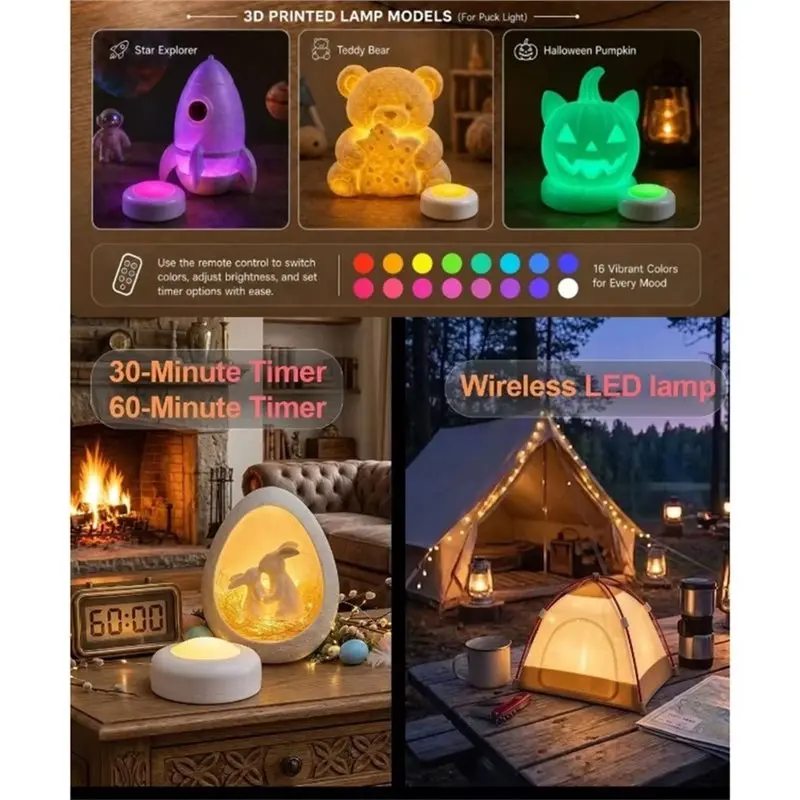 SHGO-Puck Lights Remote RGBW DIY Hardware Adjustable 16 Colors Round LED Lamp Kit With Control 3D Printing Parts