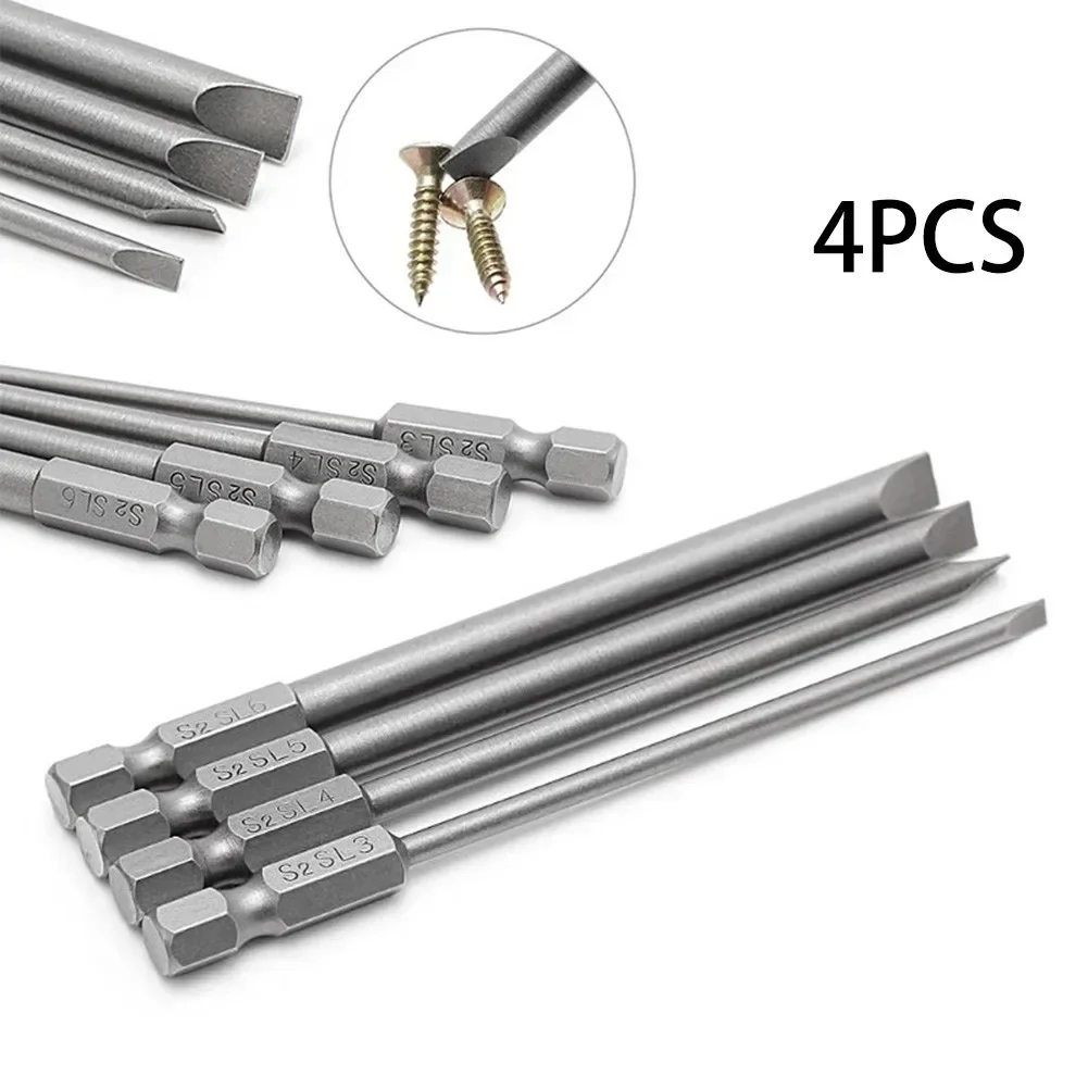 4 Pcs Slotted Screwdriver Bit 100mm 3mm-6mm Magnetic Flat Head 1/4\'\' Hex Shank Screw Driver For Hand Repair Tools Accessories