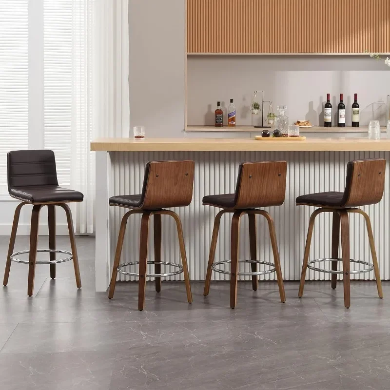 26 Inch Counter Height Set of 4, PU Leather Swivel Bar Stools with Backs, L Shape Back and Bentwood Legs