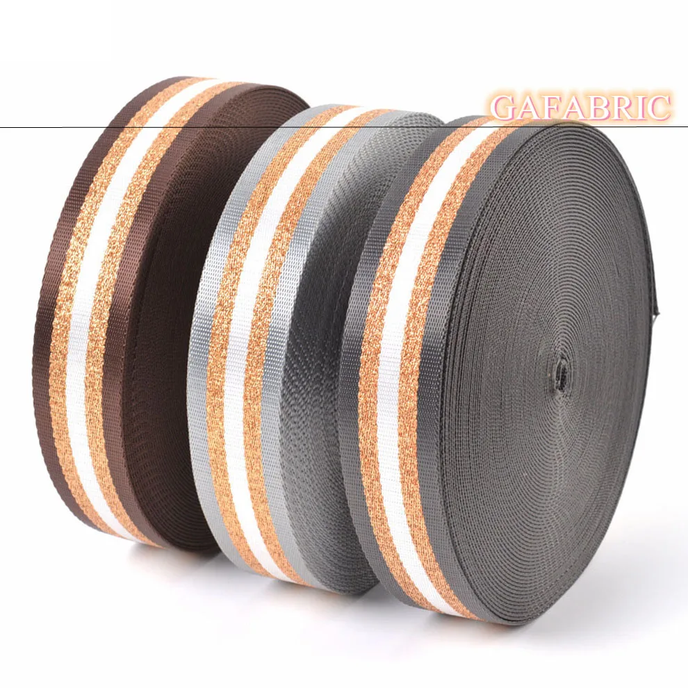 

3.8cm width Faux Nylon Twill Inter-gold Webbing Silky Polyester Stripe For Shoe Bag Belt Clothing Decoration