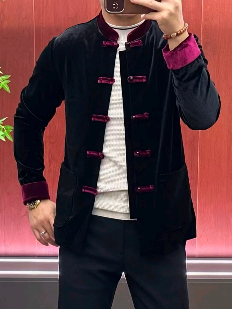 

High Quali Men's Autumnal Tang Suit Jaet with Button Design Casual Faionable Chinese Trend Long Sve Youthwear