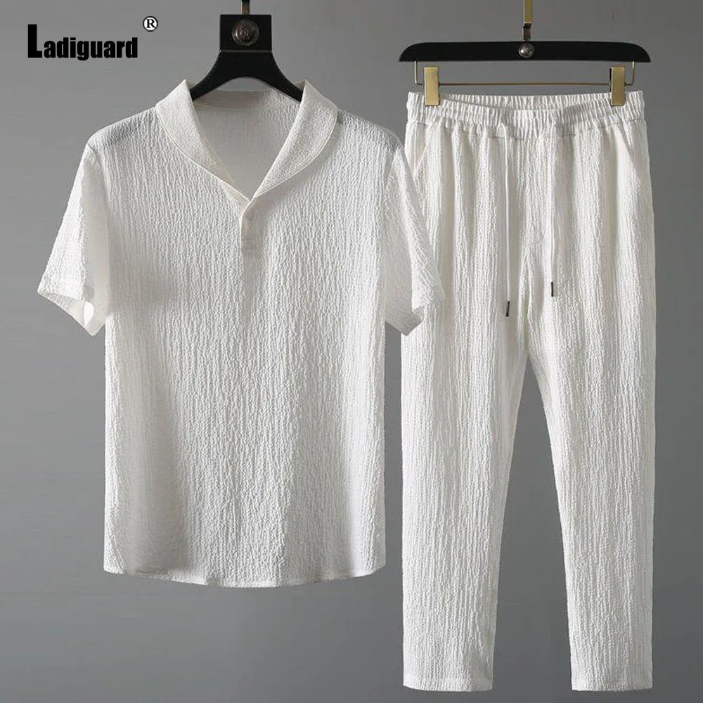 Ladiguard 2024 Men Casual Thin Two Piece Sets White Notched Blouse and Elastic Waist Pants Suit Male Stand Pocket Tracksuit Set