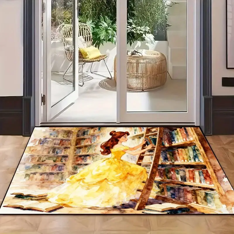1PC Disney Princess Belle Library Watercolor Floor Mat (50x80cm), Beauty and the Beast Bookshelf Aesthetic Area Rug, Soft Non-Sl