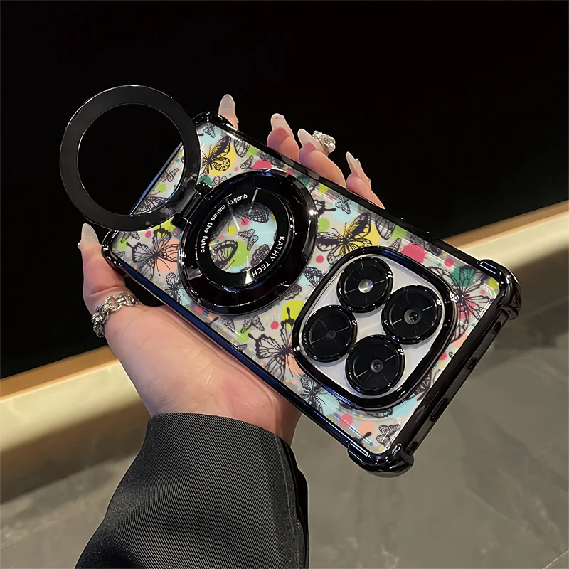Realme 16 Pro Luxury Shockproof Phone Case For OPPO Reamle 15 16 Pro 15T 14 15 13 Pro Plus Plating Stand Holder Butterfly Cover