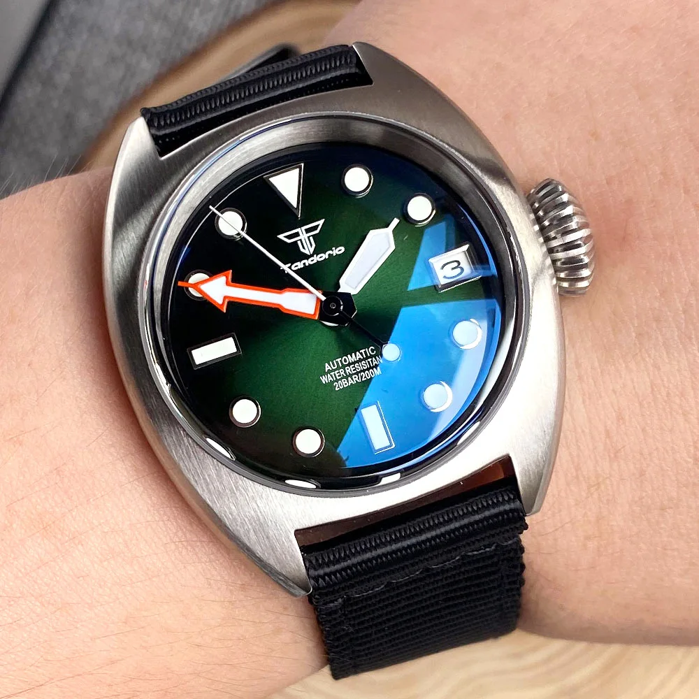 36mm wojskowy zegarek mechaniczny dla nurków mężczyźni NH35 AR kopułkowy szafirowy Sunburst zielony/czerwony/niebieski duża korona sportowy nylon
