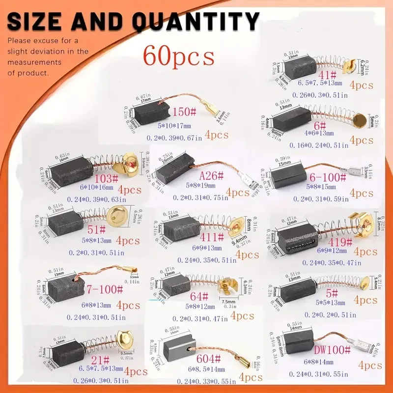 Home Power Tool Carbon Brush Set 60PCS 15 Different Sizes Replacement for Repair Power Tool Parts