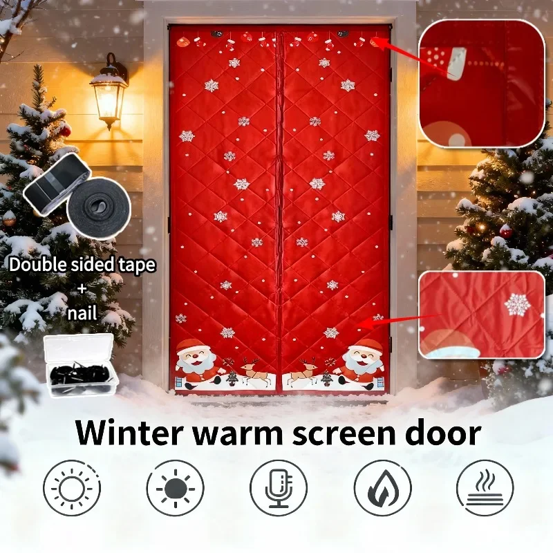 Christmas Thick Door Curtain Deer Snowflake Pattern, Windproof Warm Winter Home Partition Curtain, Punch Free Installation
