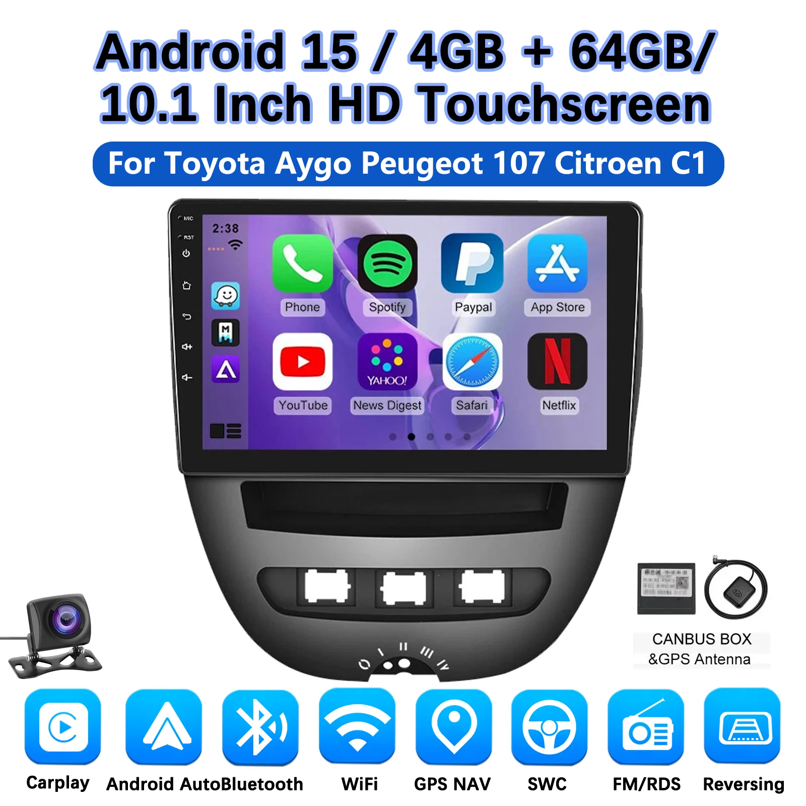 MOPECT 10'' Draadloze CarPlay Autoradio voor Toyota Aygo 2004-2014/PEUGEOT 107/Citroen C1 Android GPS Autoradio FM AM BT DAB+ DVR