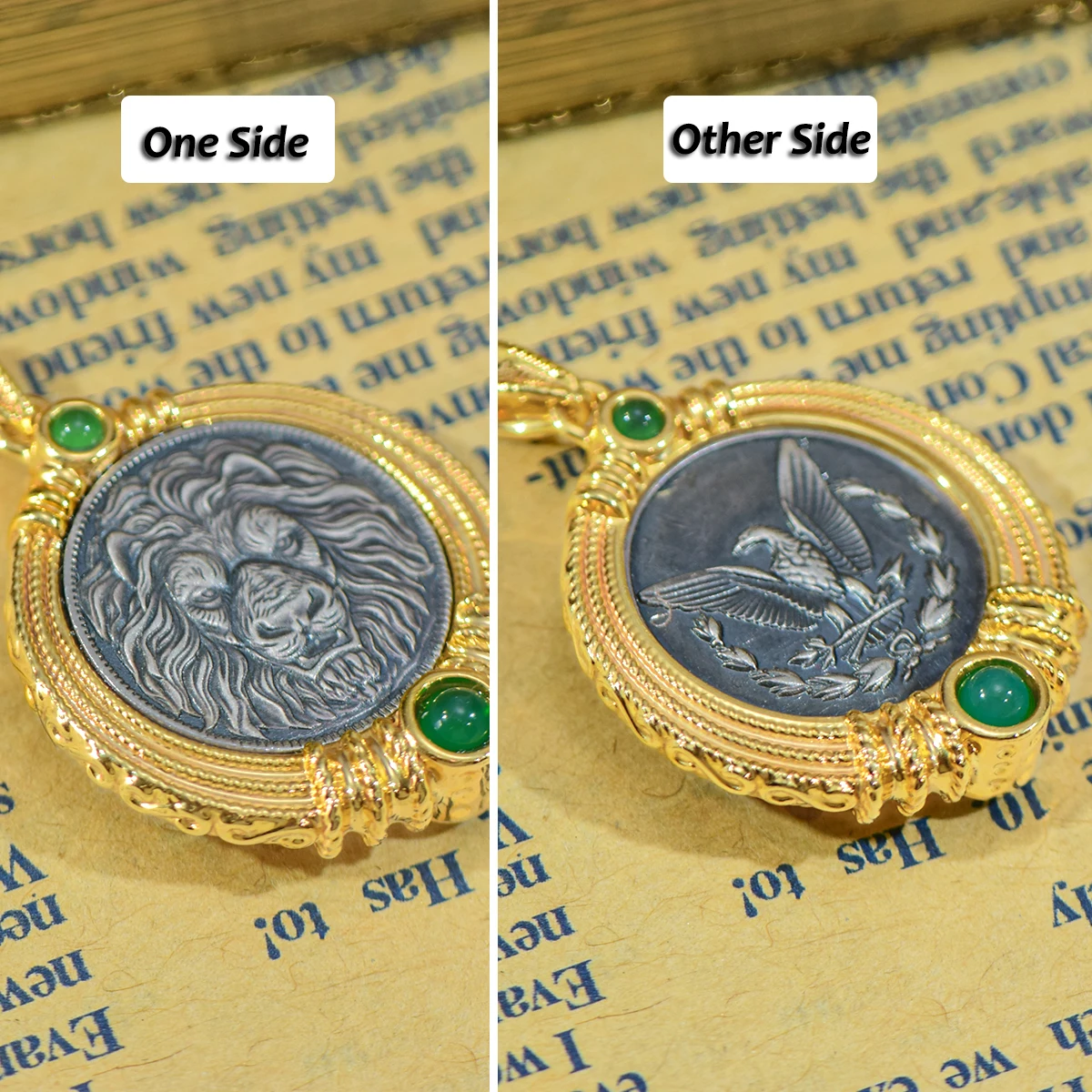 18K Gold Necklace Ancient Coin Pendant Round Lion Head & Bird AU750 Yellow Gold Pendant Women's Fine Jewelry