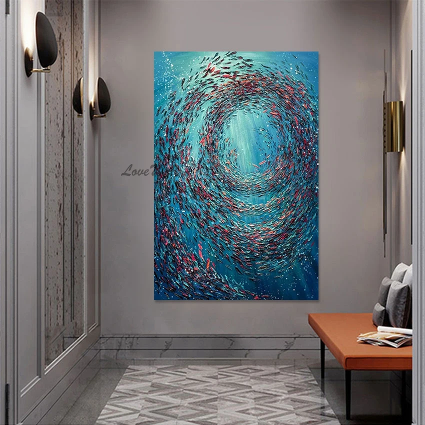 

Home Decoration Shoal Of Fish Canvas Art Designs High Quality Abstract Oil Painting Custom Artwork Wall Picture For Restaurant