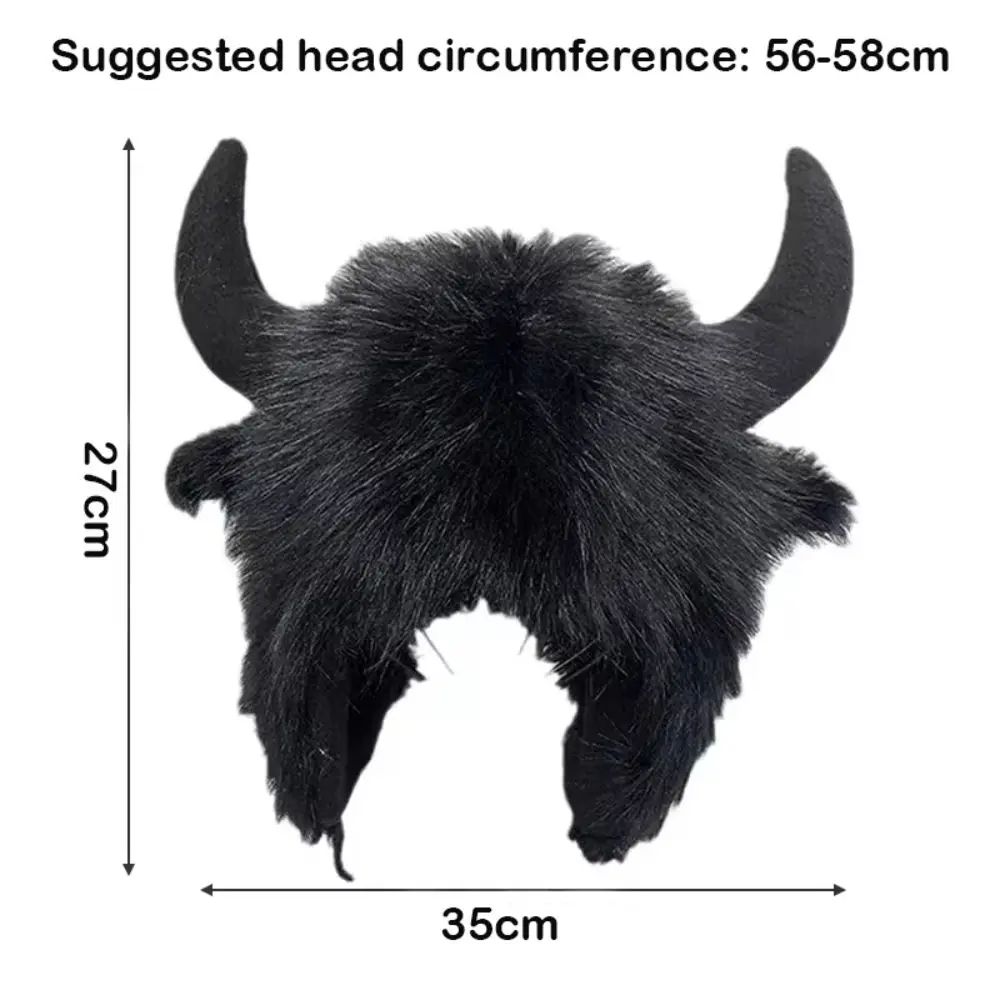 Bison Hat Plush Earflap Hat with Horns Unisex Winter Warm Ear Protection Personality Windproof Cold Riding Electric Car Cotton