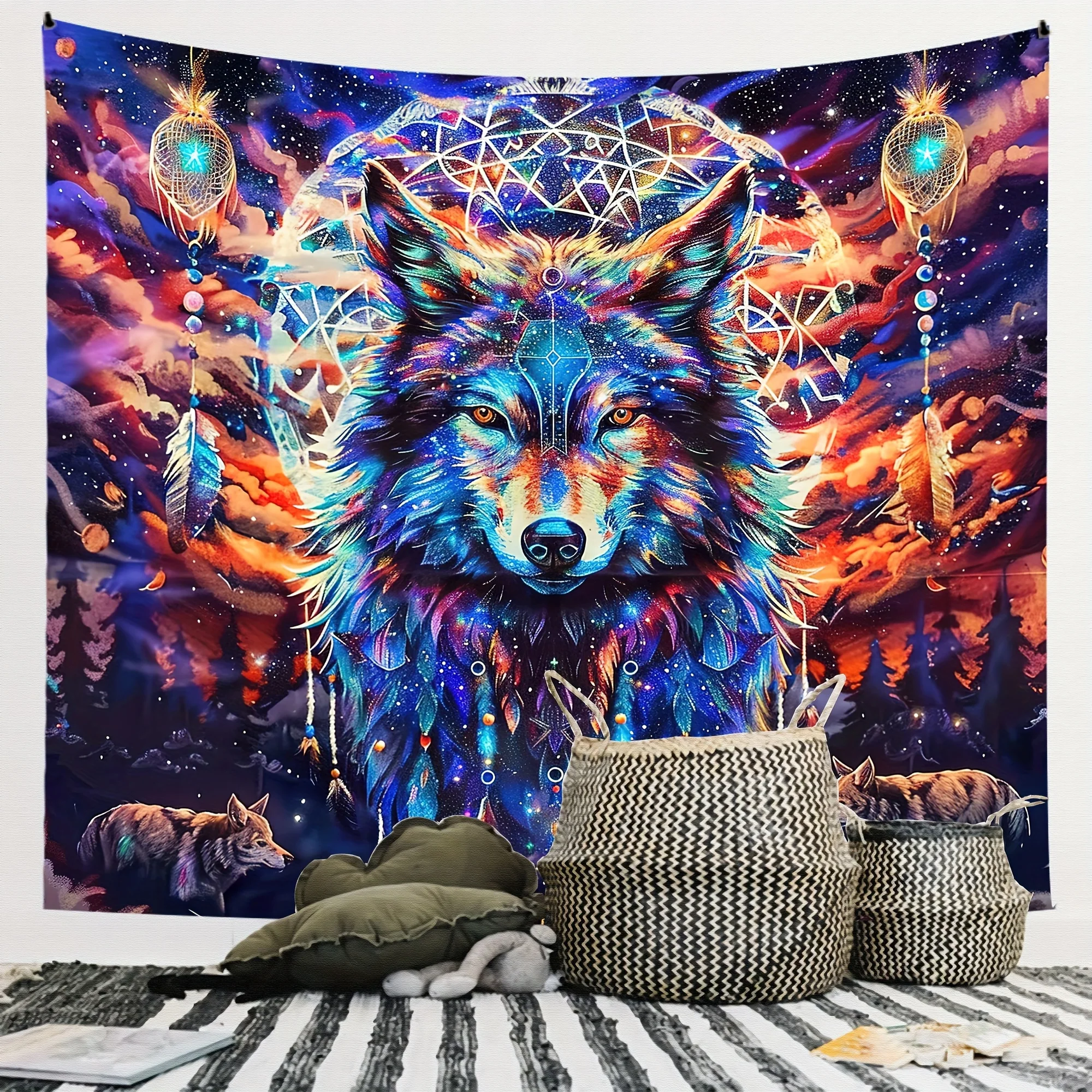 VIKAMA Enchanted Wolf Starry Forest Tapestry Art Living Room Sofa Feature Wall Children's Room Wall Decoration Bedroom Decor