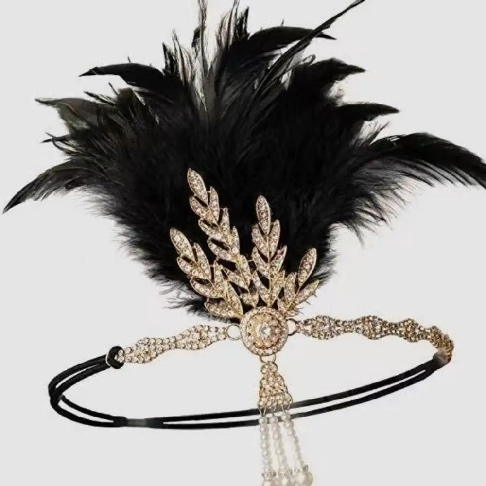 Temperament Elegant Feather Headband Vintage Diamond Cosplay Dress Headwear 1920s Makeup Party Headdress Stage Performance