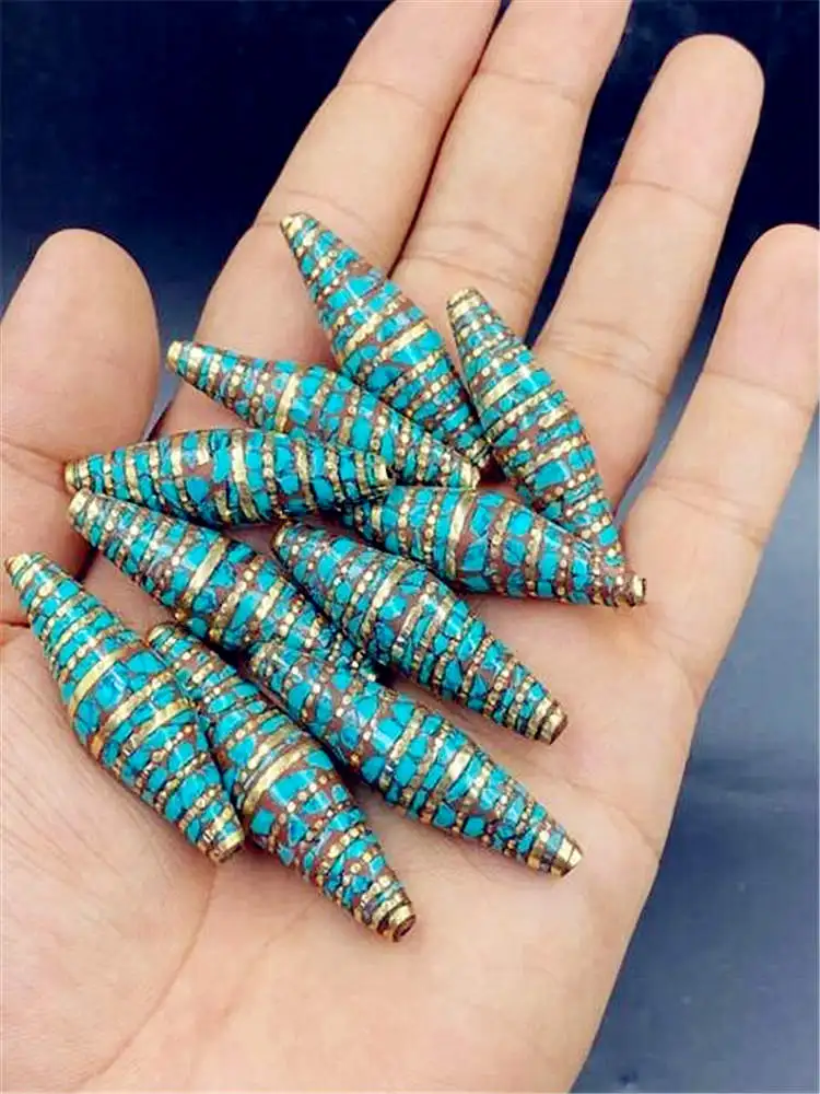 Nepal Hand Metal Beads Copper Silk Filled With Turquoise Big Shuttle Loose Beads for DIY NBB207